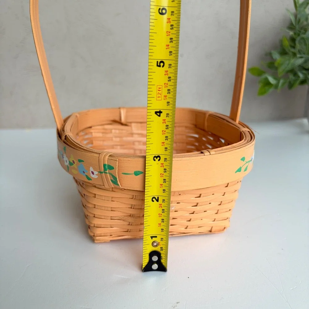 Vintage Hand Painted Woven Wood Floral Basket Peach Orange Cottagecore Decor